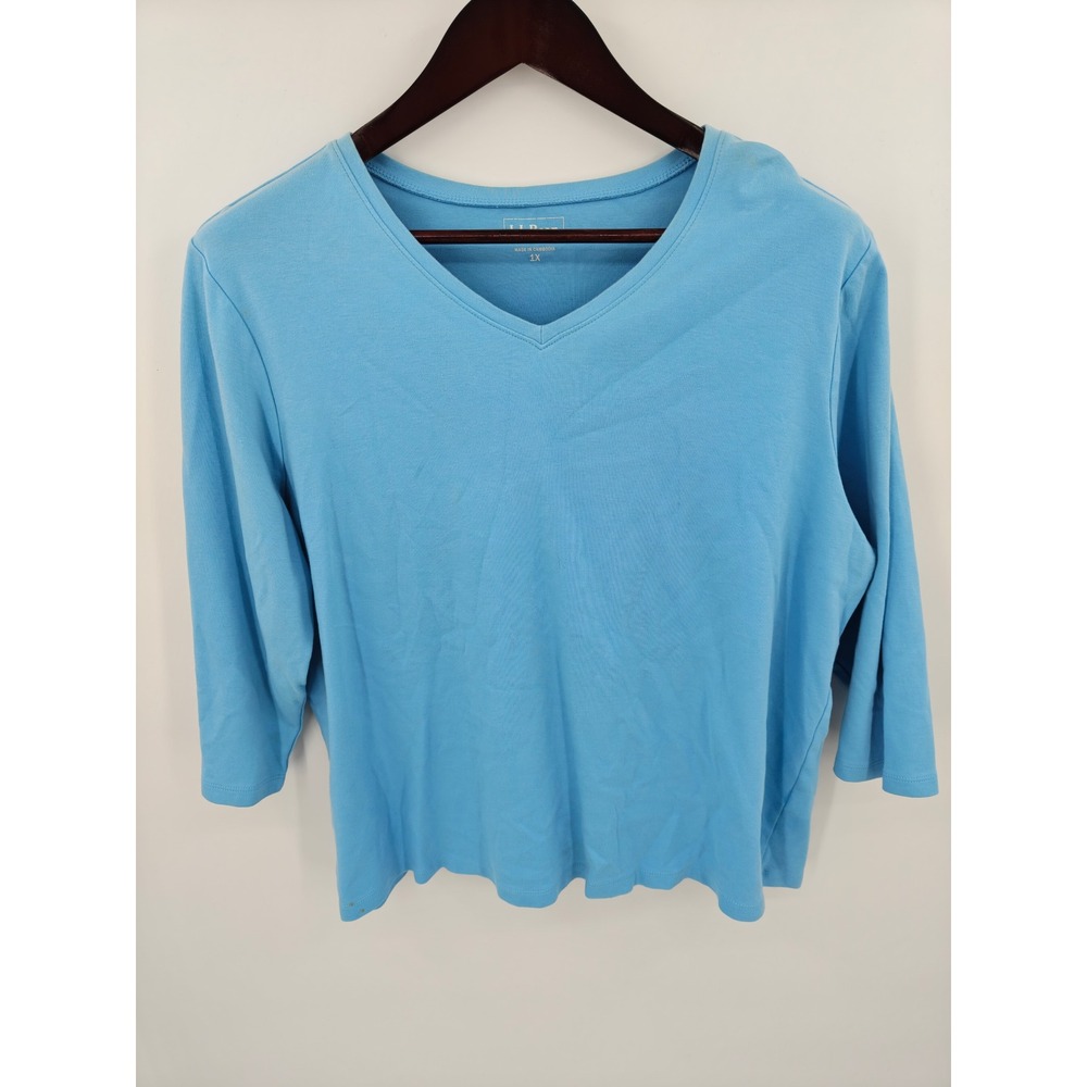 LL Bean Womens 1X Blue V-Neck 3/4 Sleeve Cotton Knit T-Shirt Top 3824